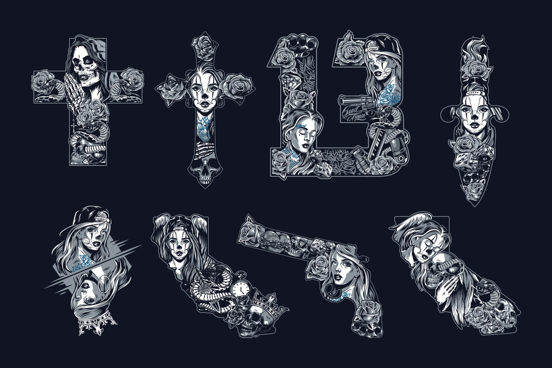 Chicano – Tattoo Style T-Shirt Design Templates (60)