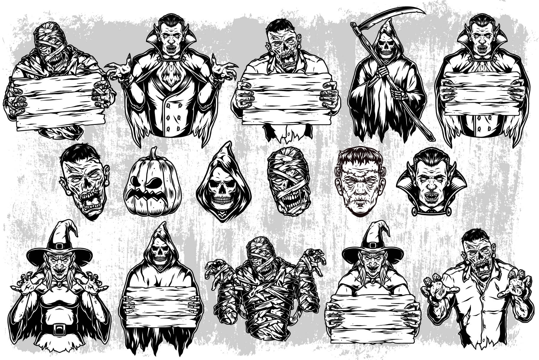 Halloween black and white illustrations