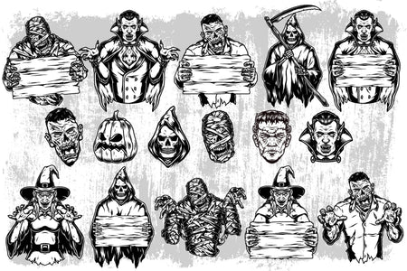 Halloween black and white illustrations