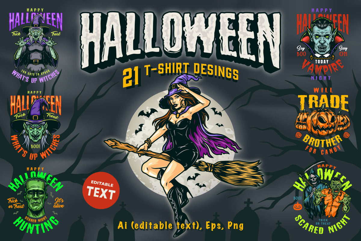 Spooky Halloween t-shirt designs cover - 21 designs
