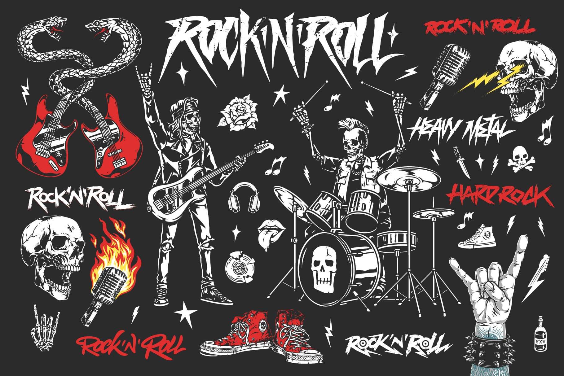 Rock & Roll – Hand-Drawn Illustrations & Lettering Set (26)