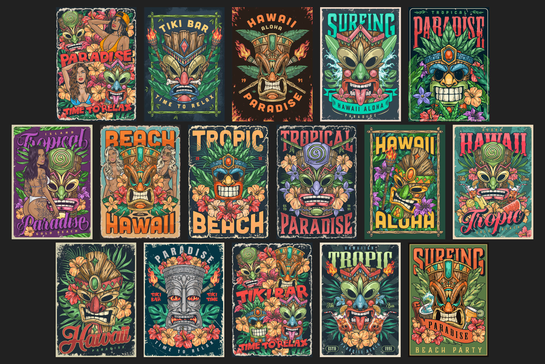 Tiki Masks – Editable Tropical Vector Posters (34)