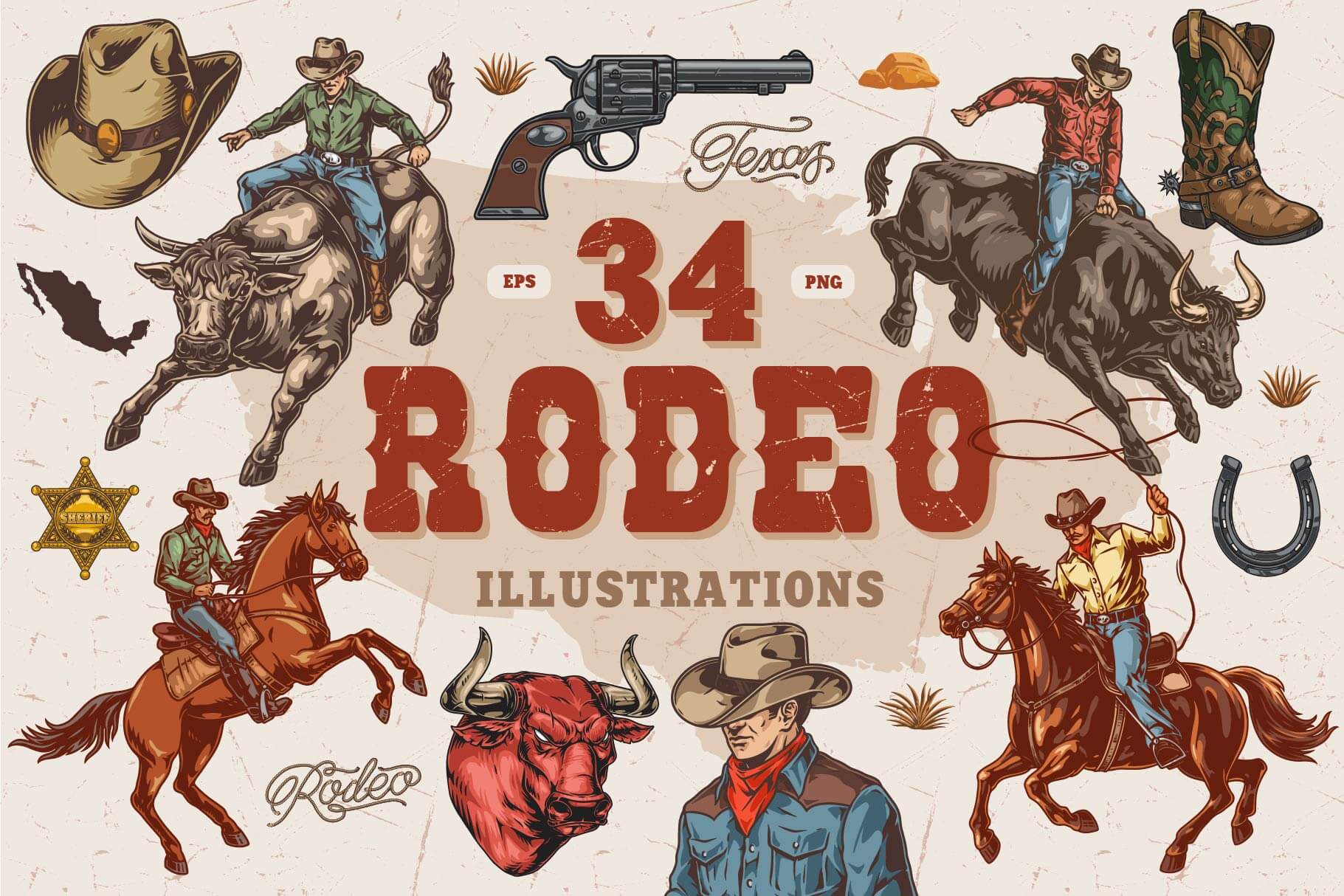 Rodeo Illustrations Pack – Western Cowboys & Bull Riding Designs (34)