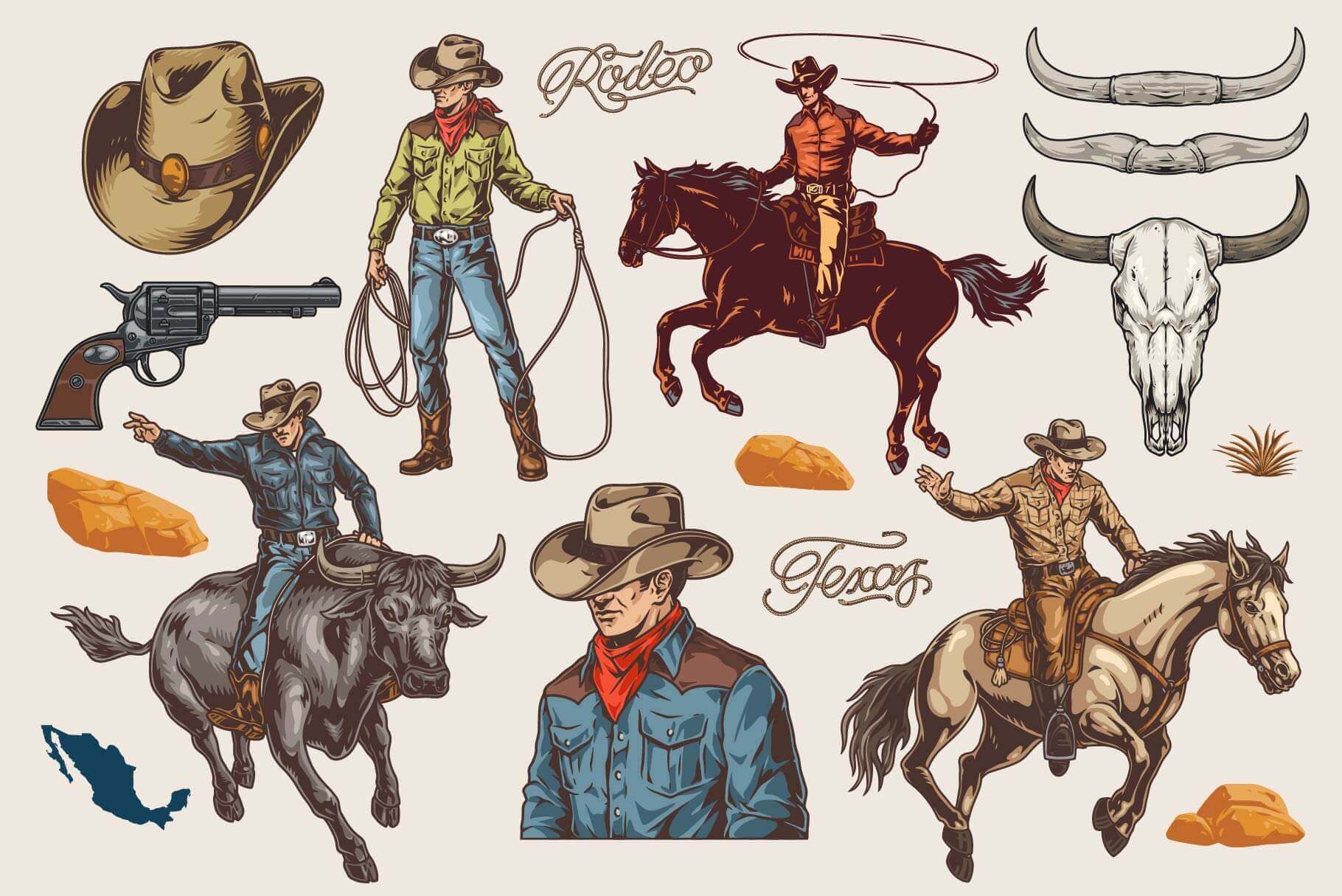 Rodeo Illustrations Pack – Western Cowboys & Bull Riding Designs (34)