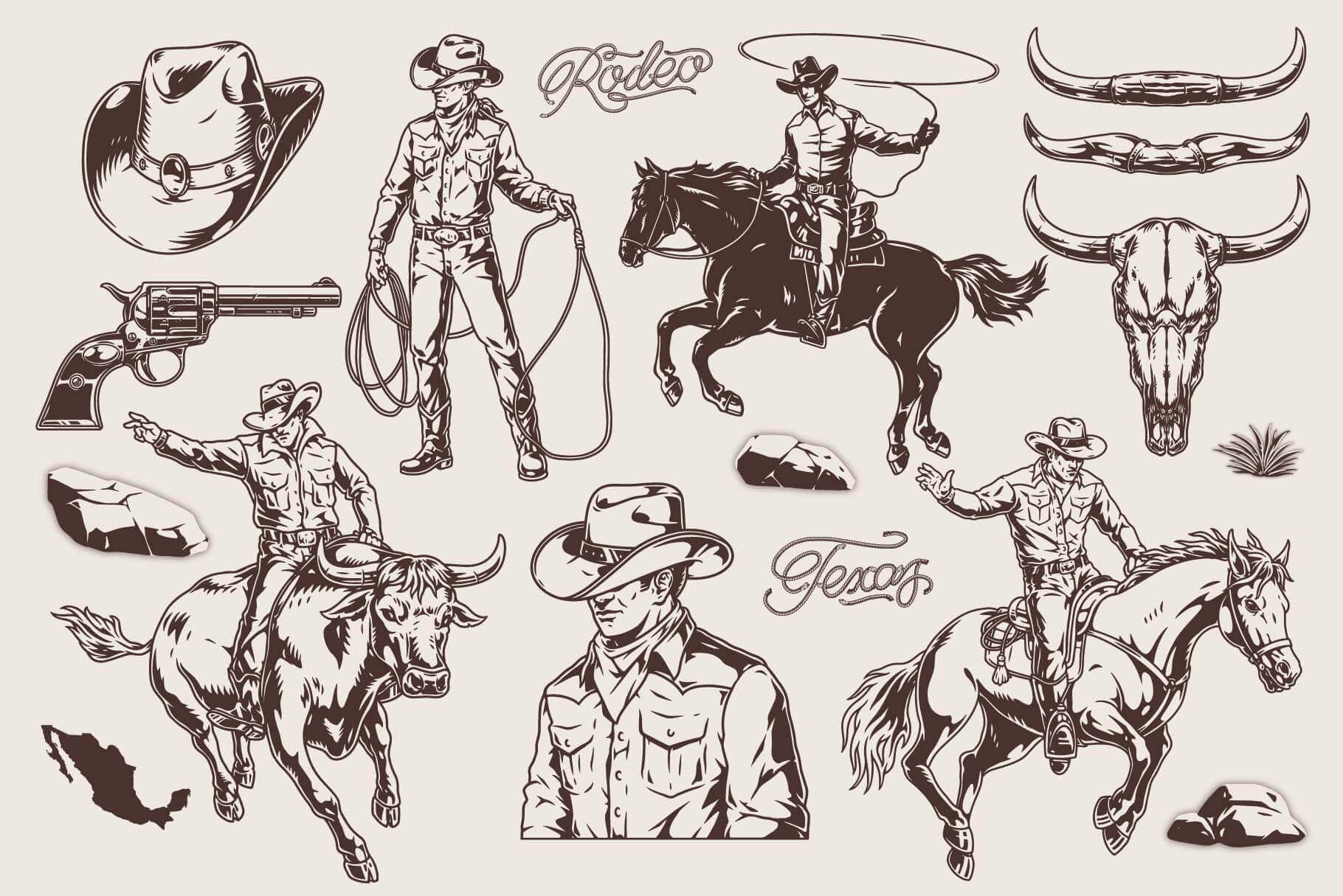 Rodeo Illustrations Pack – Western Cowboys & Bull Riding Designs (34)