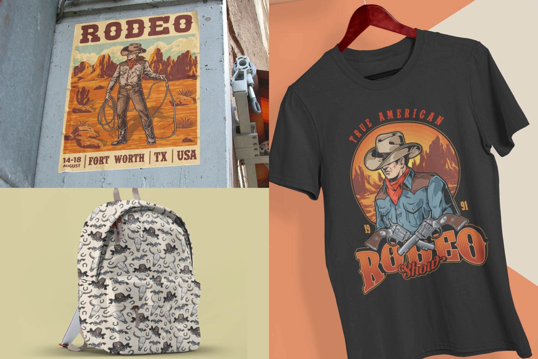 Rodeo Illustrations Pack – Western Cowboys & Bull Riding Designs (34)