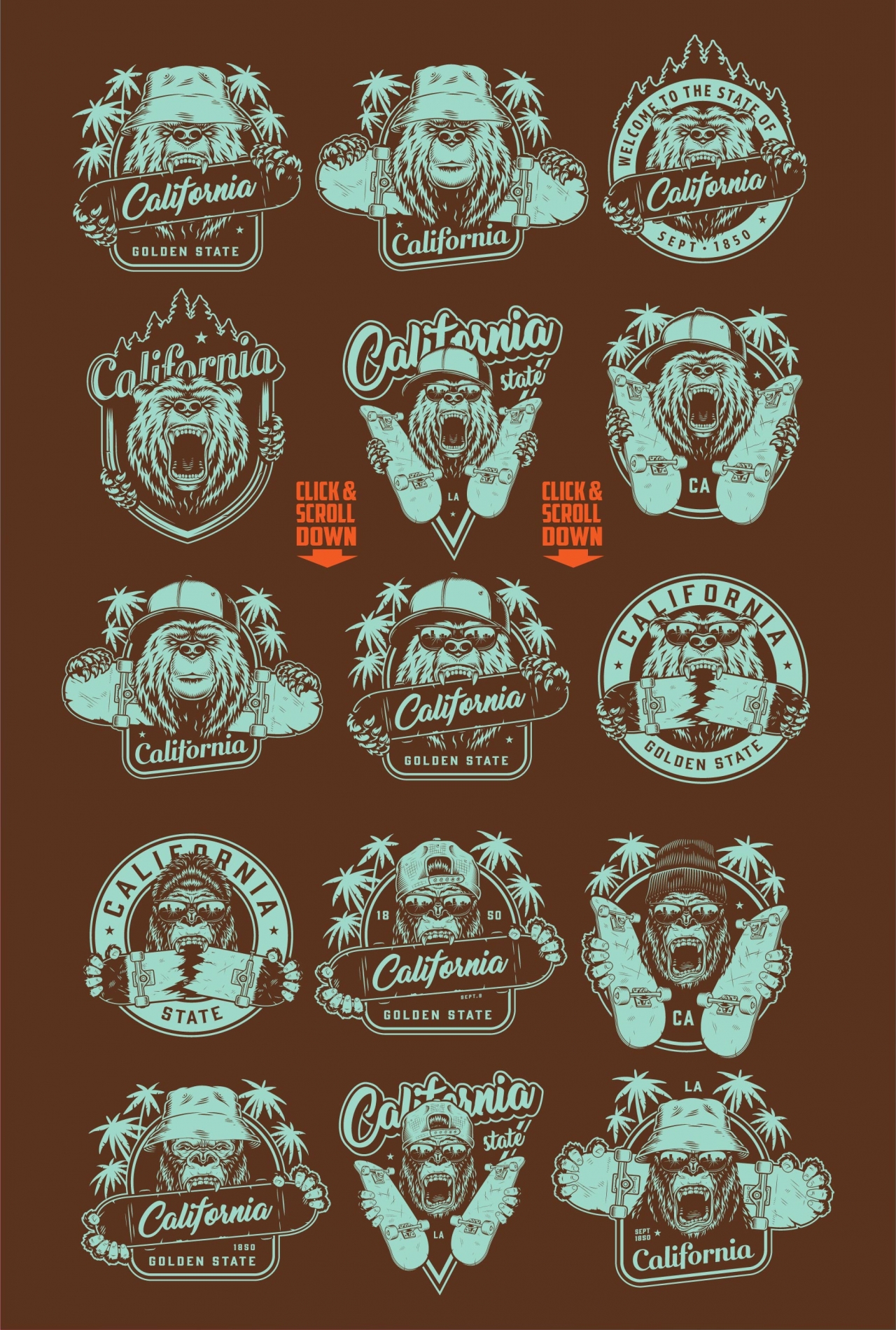 Old school style California badges with gorilla and bear heads in sunglasses and different hats holding skateboards on dark background 