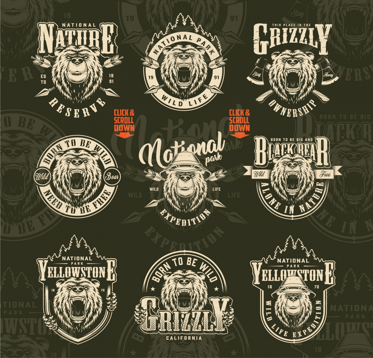 Vintage monochrome style outdoor and wild life designs collection with ferocious and serious bear heads with and without safari hat, crossed arrows and axes on dark background