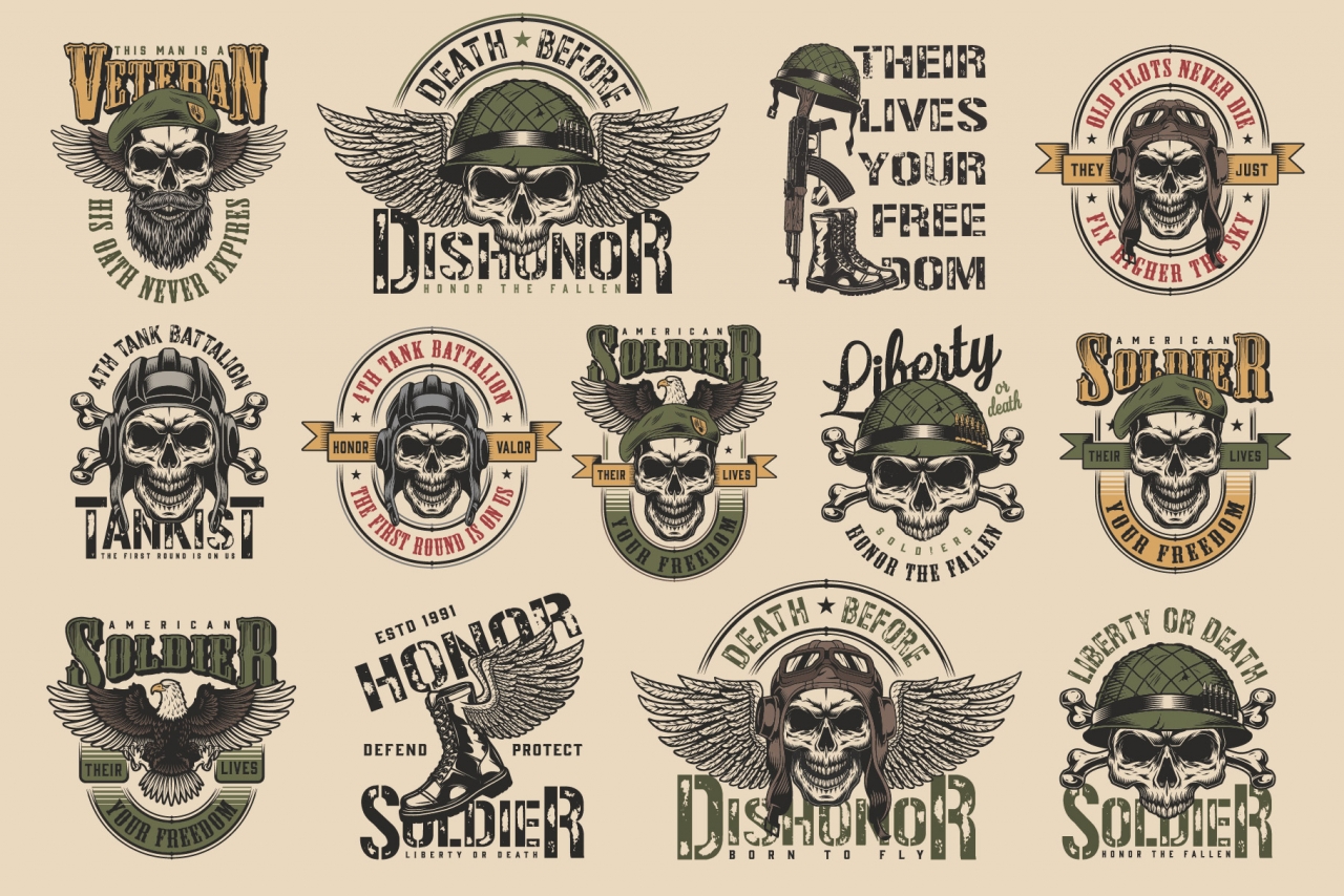 Vintage colorful military labels set with pilot, soldier, tankman, navy seal skulls on light background