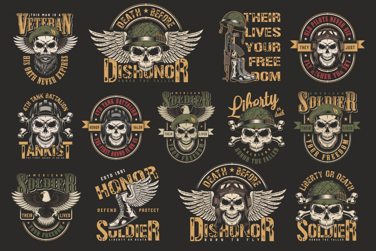 Vintage colorful military emblems collection with eagle wings, boots, weapon, bones and skulls in pilot, tankman, soldier, navy seal helmets 