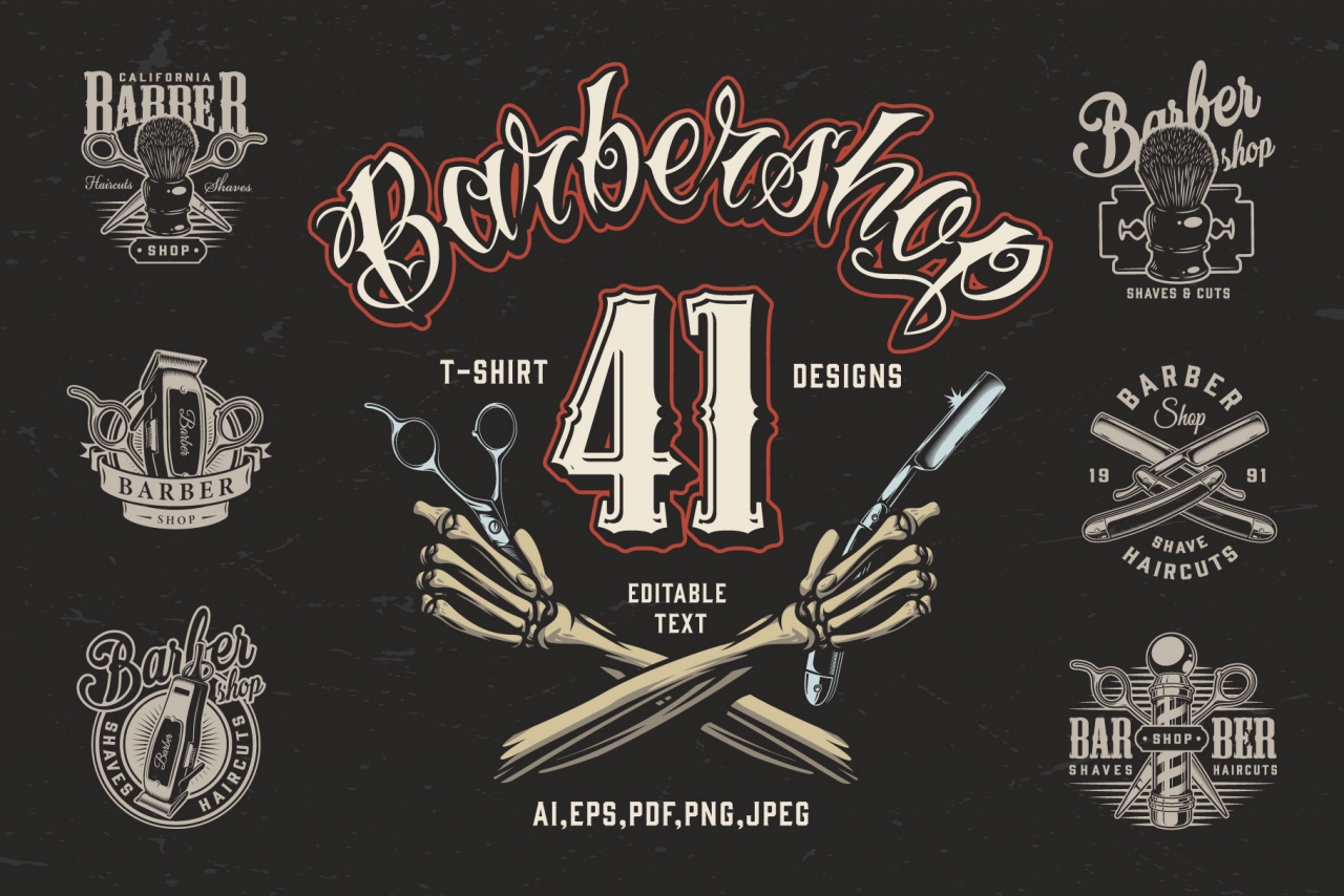 Cover of 41 vintage barbershop t-shirt designs with crossed skeleton hands holding scissors and razor