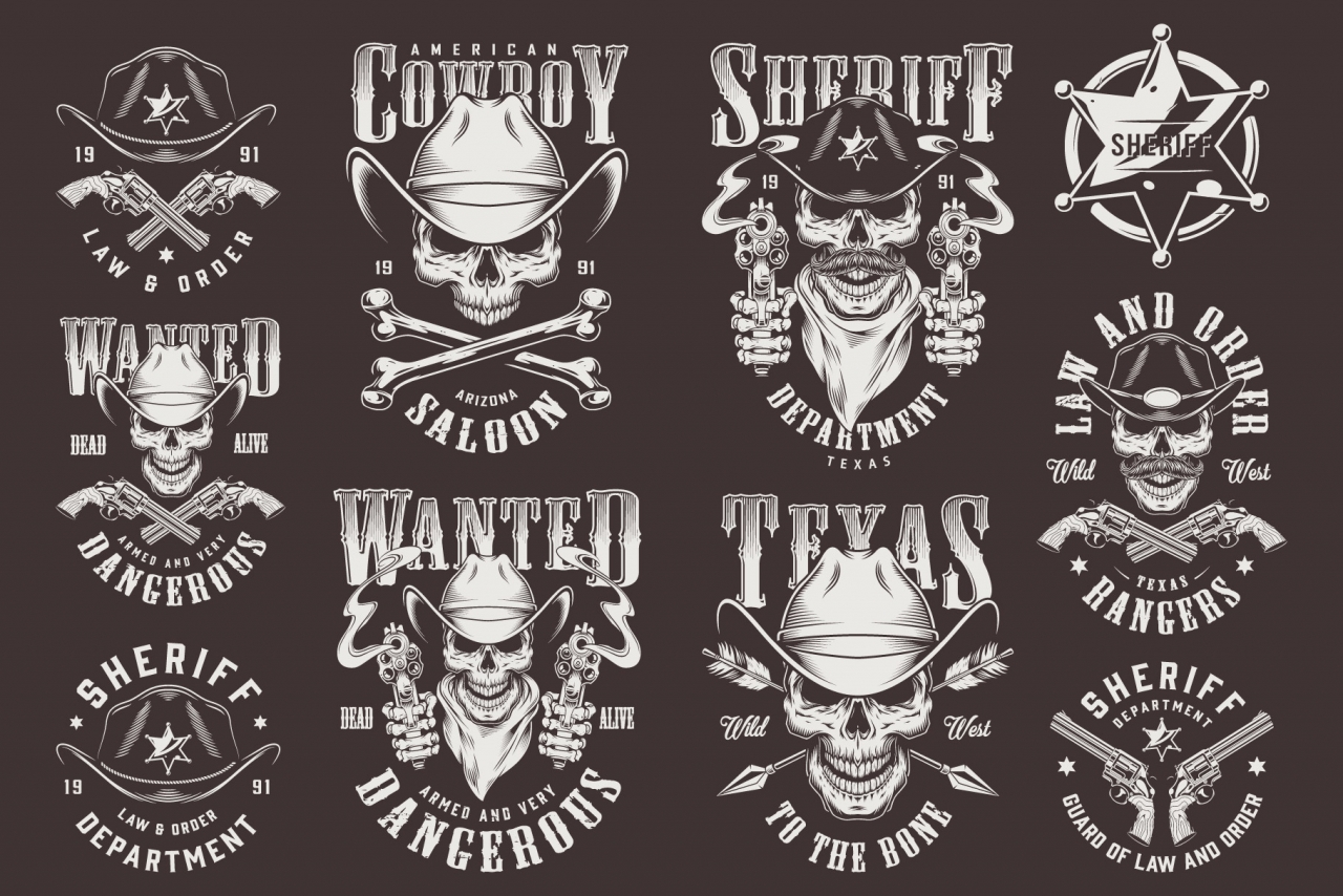 Old school style wild west prints collection with cowboy and sheriff skulls, badge, guns, arrows, bones in monochrome style