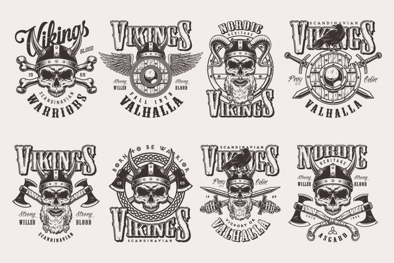 Vintage monochrome style Viking badges set with warrior skulls in helmet and winged shield, swords, axes, bones