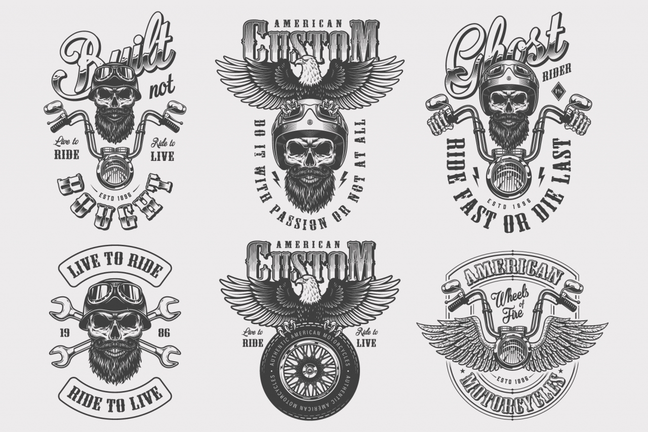 Vintage monochrome style motorcycle labels collection with bearded and mustached biker skull in helmet, steering wheel, tire and crossed wrenches