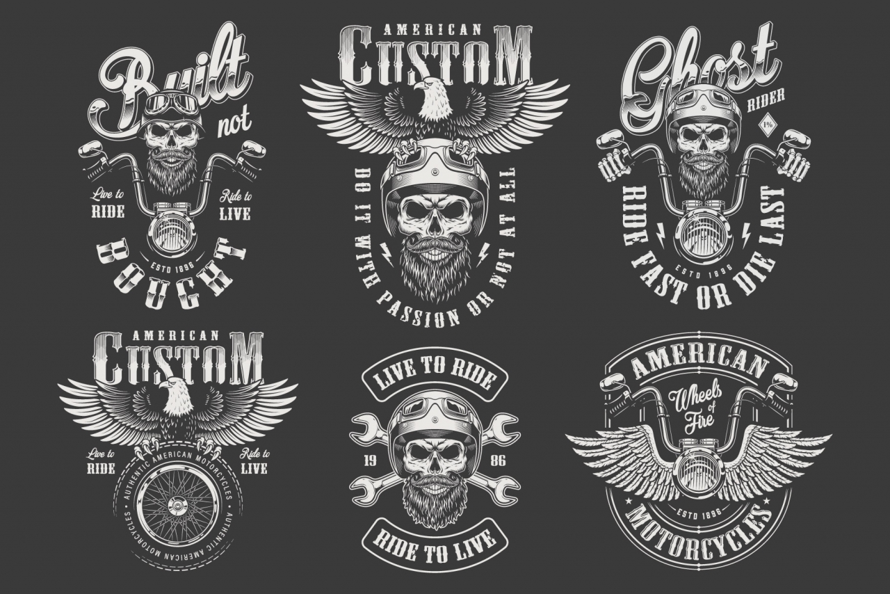 Vintage biker and motorcyclist emblems with motorcycle driver skulls in biker helmet, steering wheel, tire, crossed wrenches, eagle on dark background