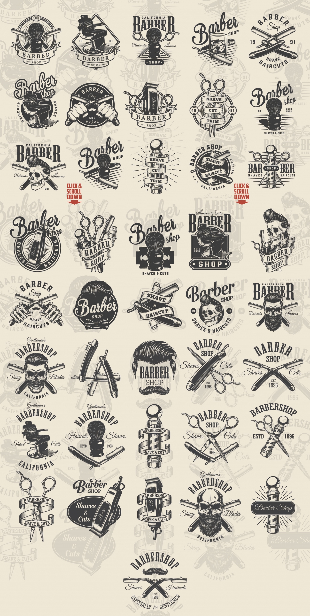 Barbershop designs great collection with vintage labels, emblems, badges, prints in monochrome style on light background