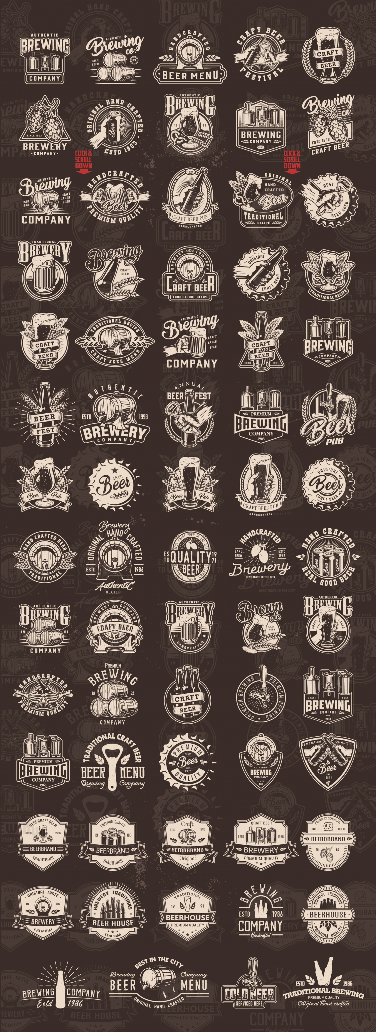 Old school style beer prints collection with beer glasses, mugs, bottles, metal cans, caps, beer wooden casks, hop cones, wheat ears, brewing machine, bottle opener and other elements on dark background