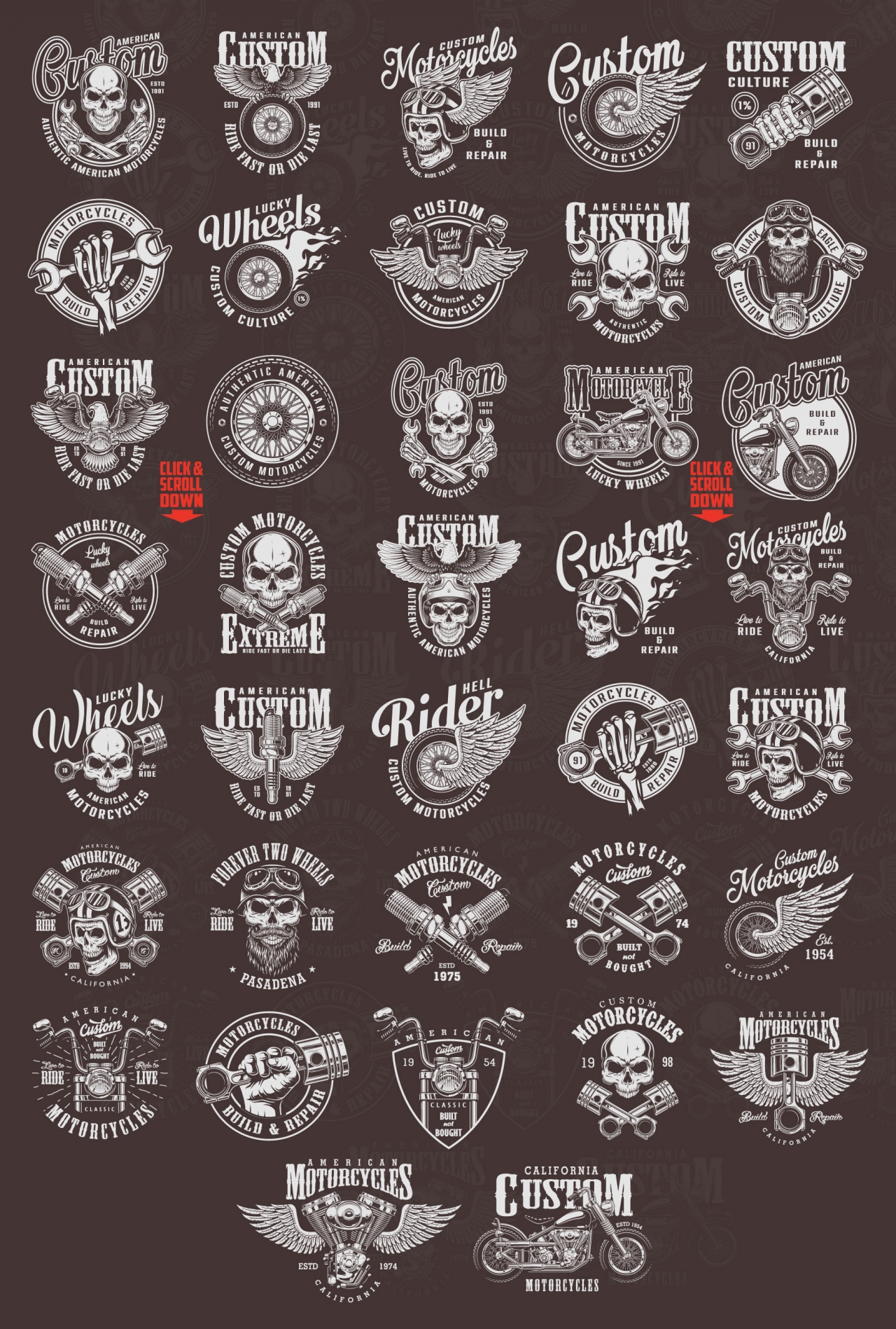 Old school style motorcycle emblems with motorcyclist and biker skulls, engine pistons, spark plugs, eagle, wrenches, american chopper, moto wheel, engine and steering wheel