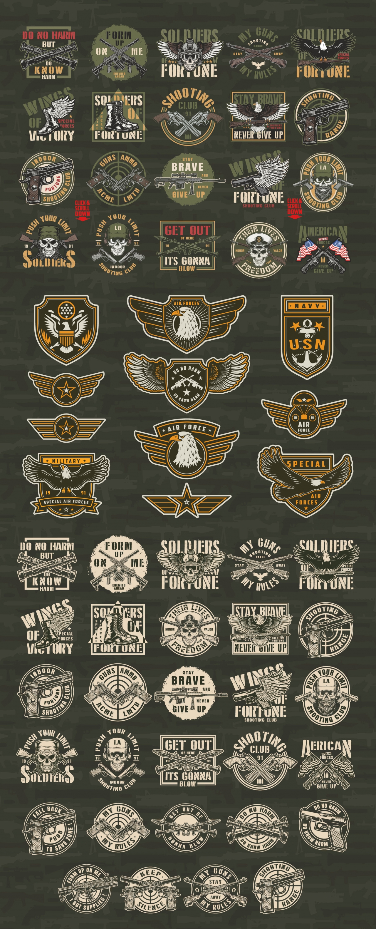 Colorful and monochrome military designs set with army emblems, badges, labels, prints, insignias in vintage style