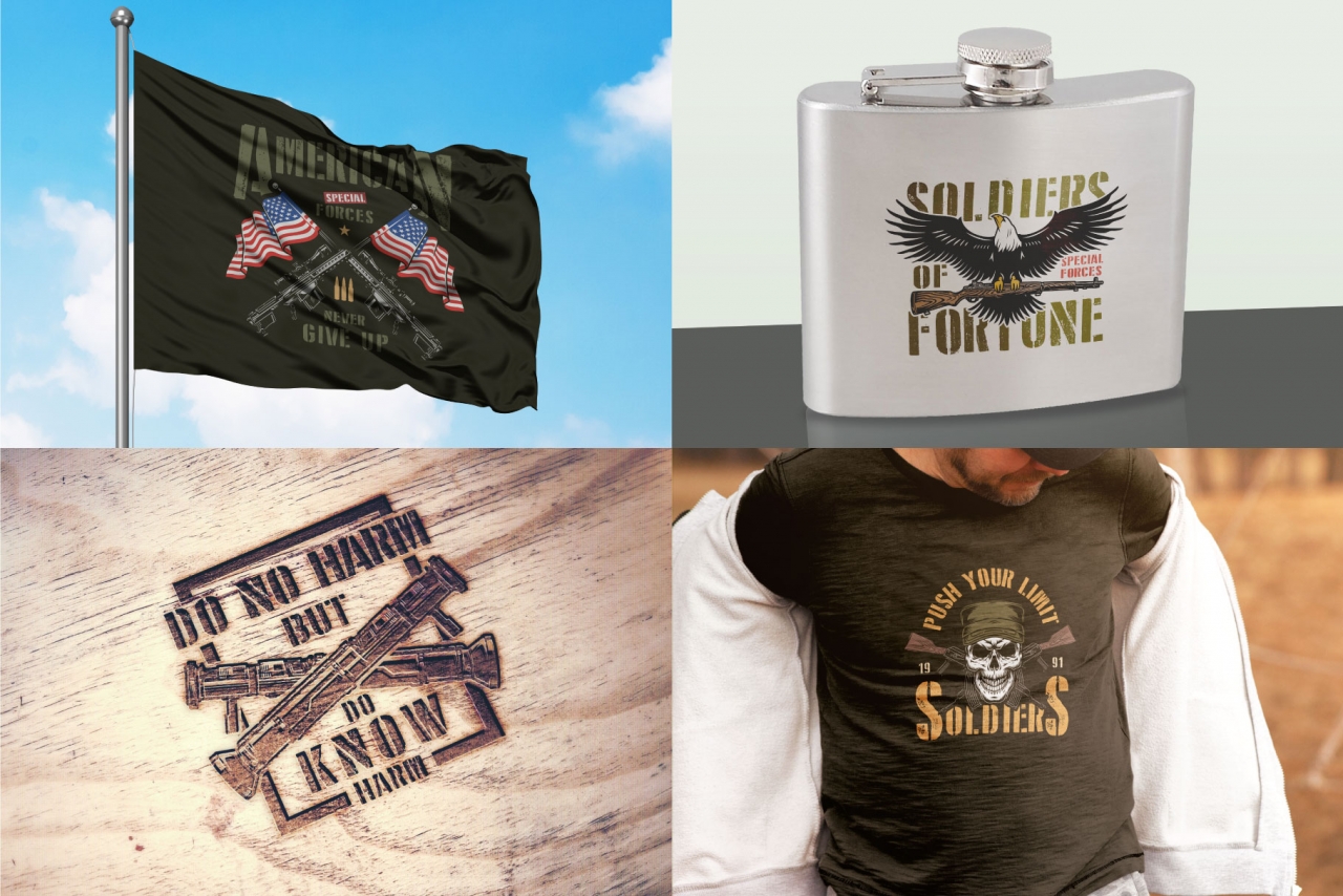 Colorful military mockups composition with vintage emblems printing on flag, hip flask, t-shirt and wooden surface
