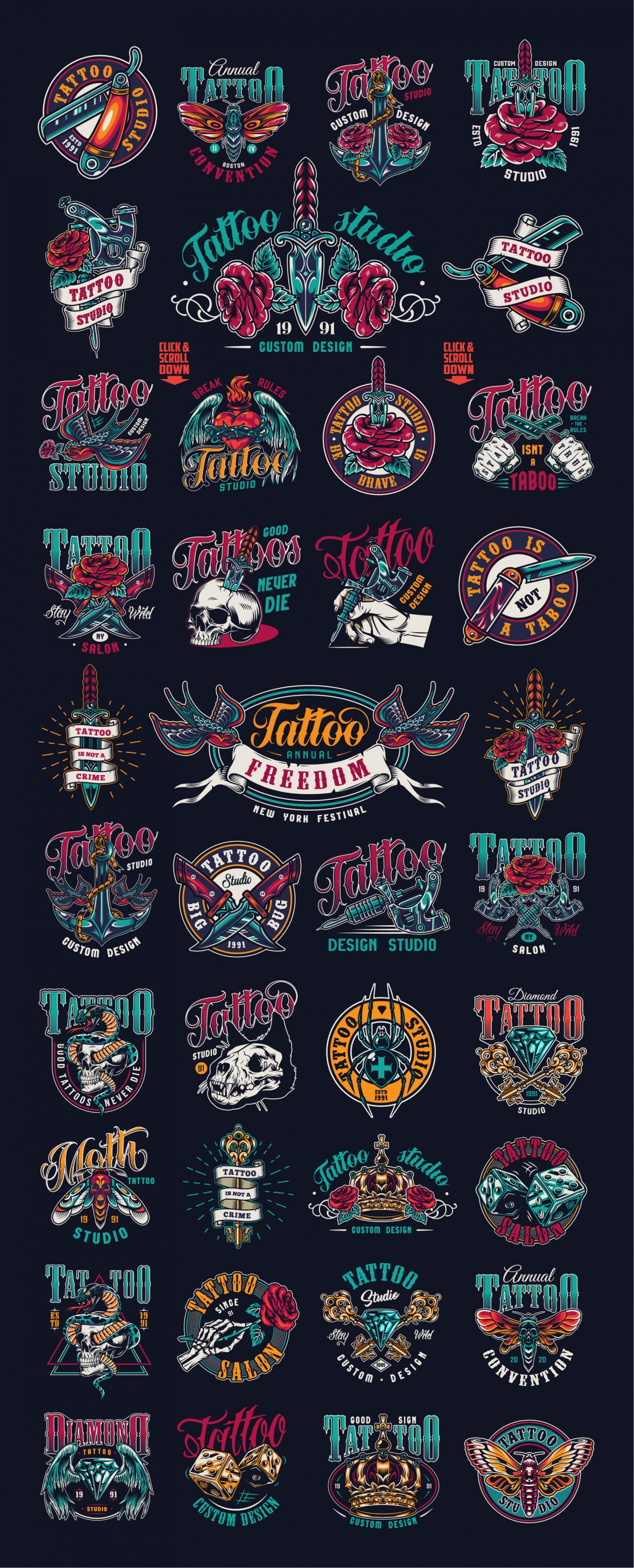 Tattoo studio and salon colorful designs with vintage emblems and labels