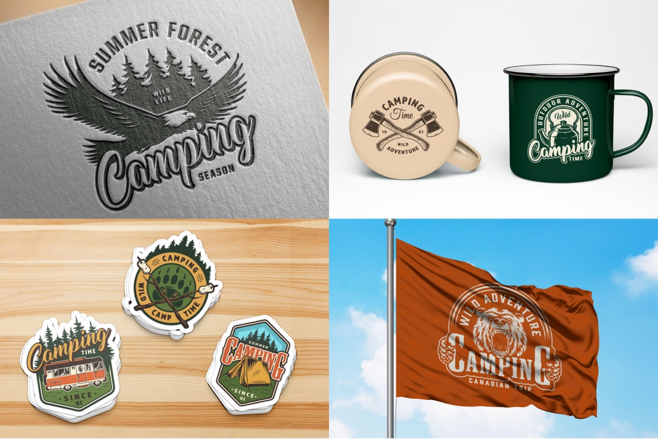 Summer outdoor recreation mockups composition with vintage camping emblems using for brochure cover, stickers, metal cups design and printing on flag
