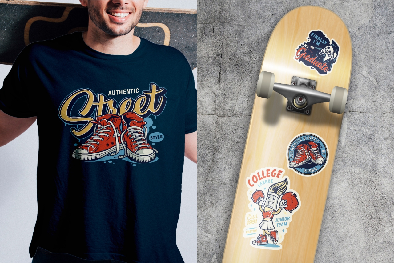 Colorful college mockups composition with vintage stickers of sneakers, skeleton in graduation cap and mantle, cheerleader brush character printing on t-shirt and skateboard