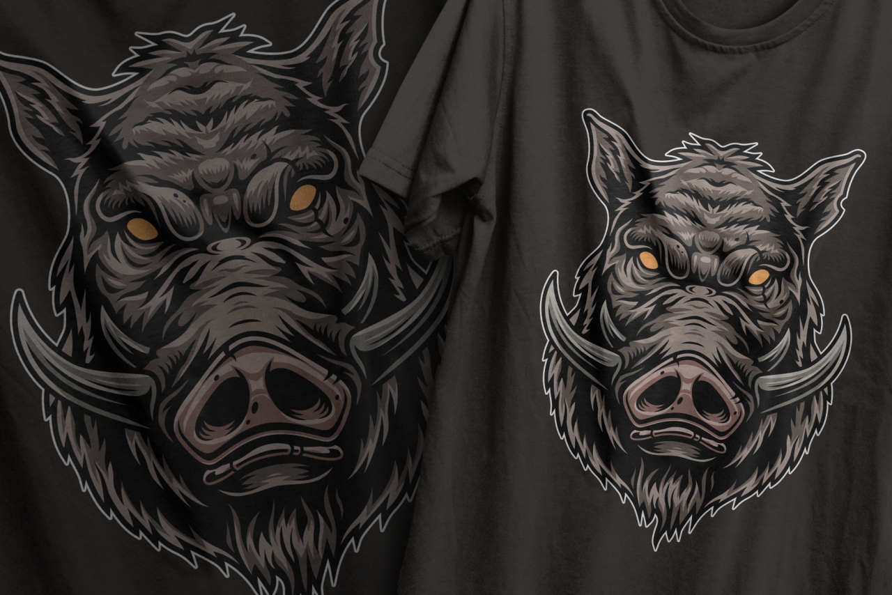 Vintage colorful design of bloodthirsty wild boar head with big tusks printing on t-shirts