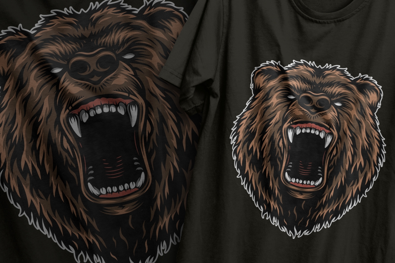 Vintage colorful design of ferocious cruel grizzly head printing on t-shirts