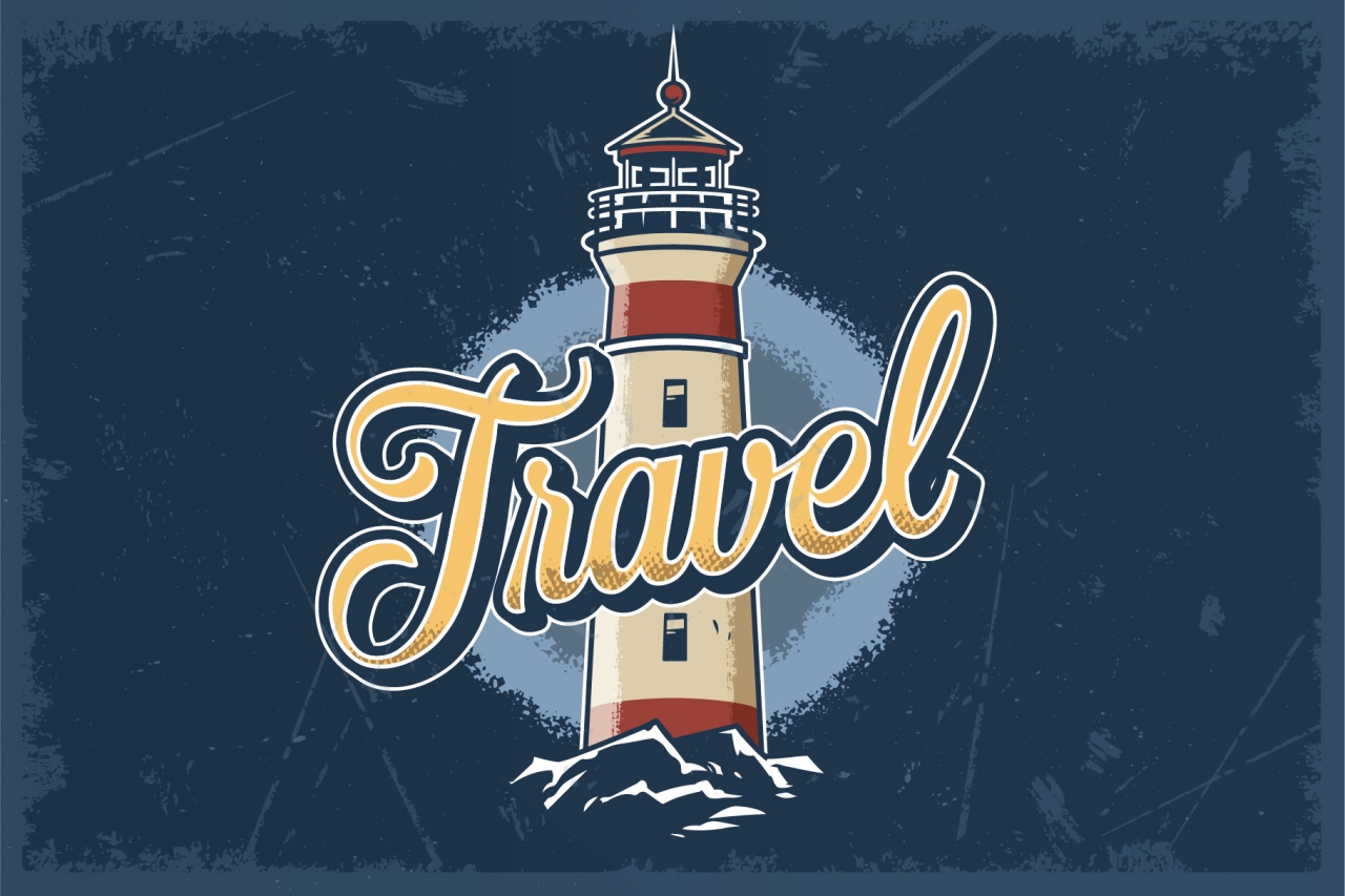 Colorful lighthouse and vintage brushes on dark blue background