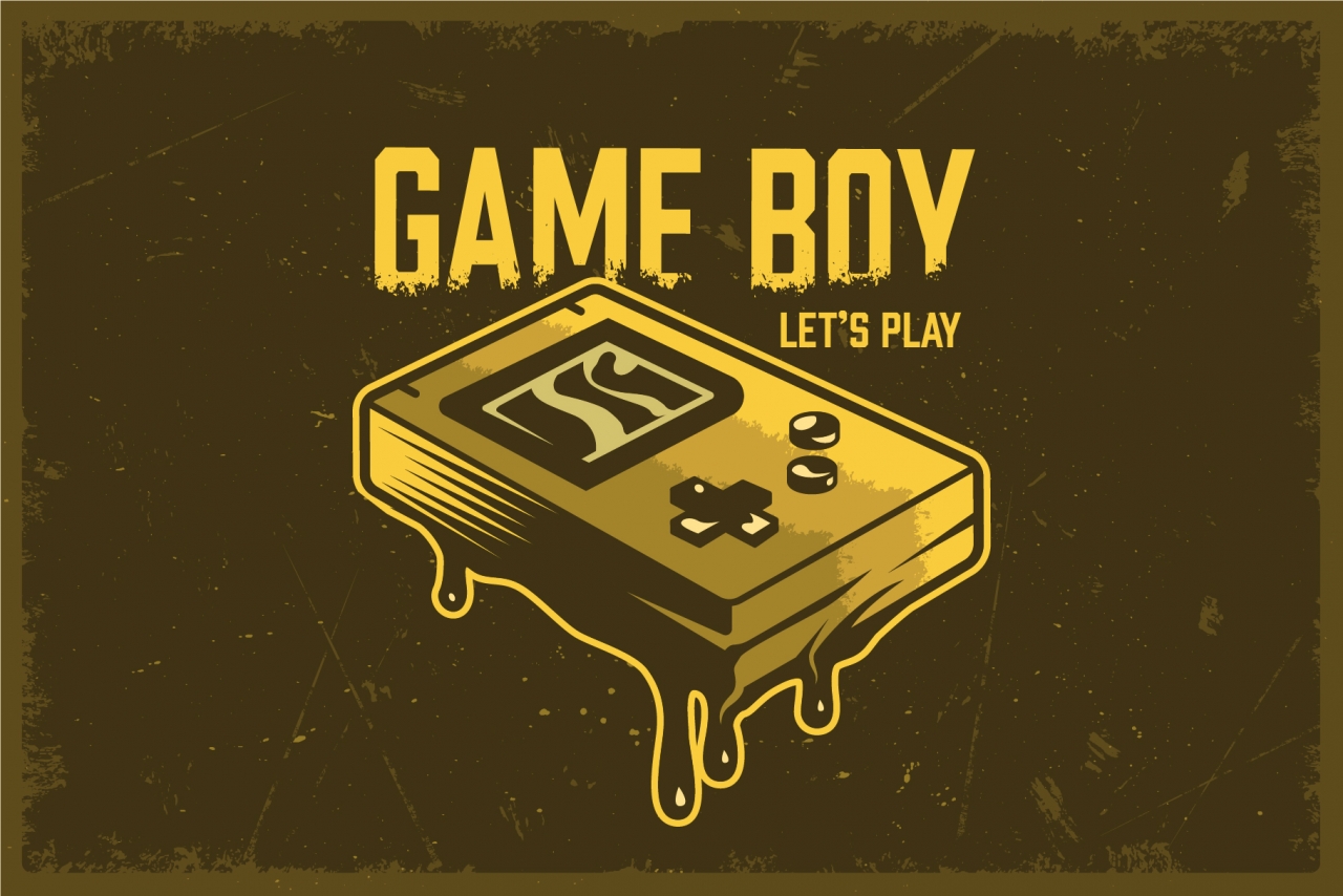 Retro gaming template with pocket game console and vintage calligraphic brushes