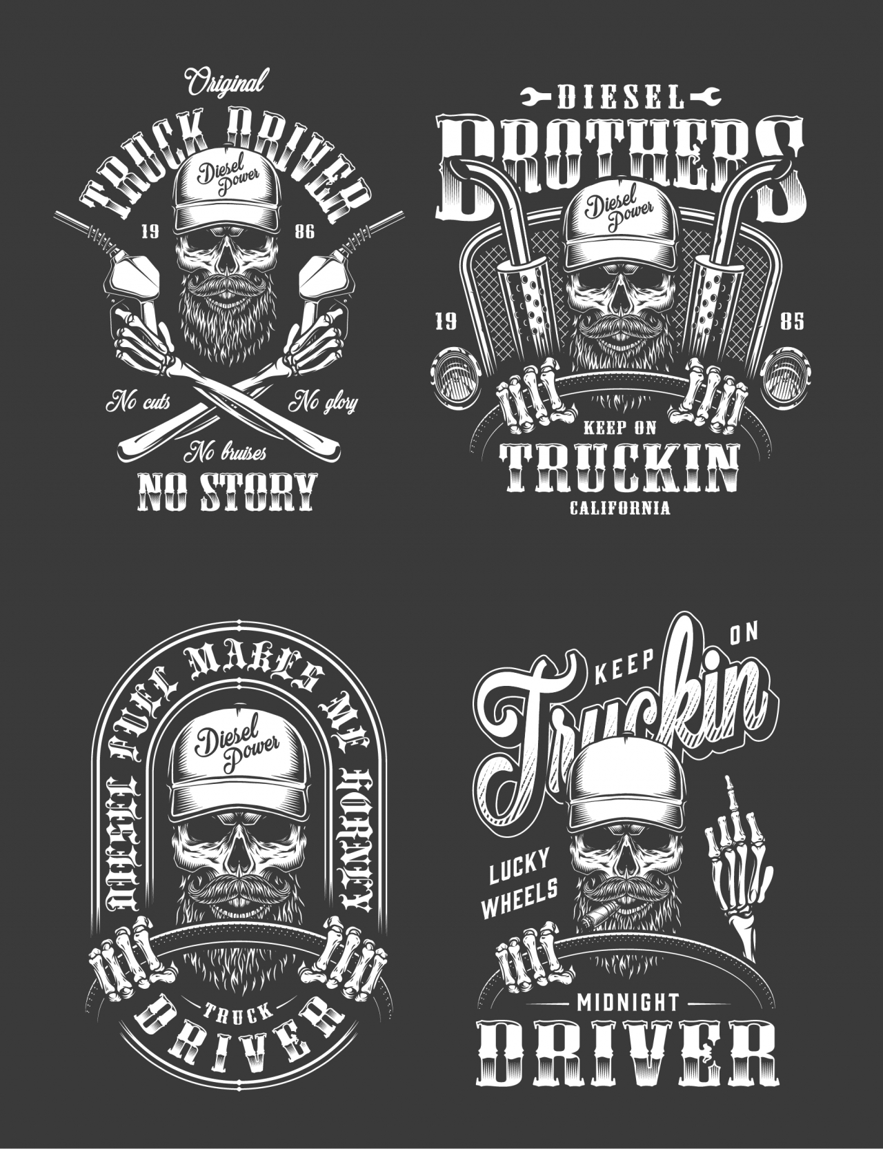 Set of Vector Vintage Monochrome Truck Driver Emblems and Designs on Black Background