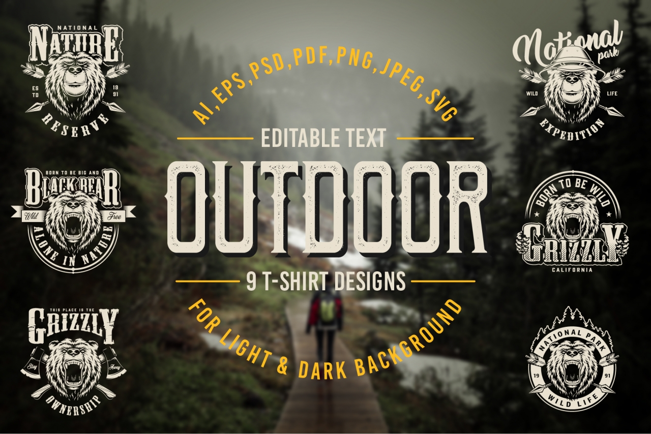 Vintage Outdoor t-shirt designs cover with wild life and national park emblems