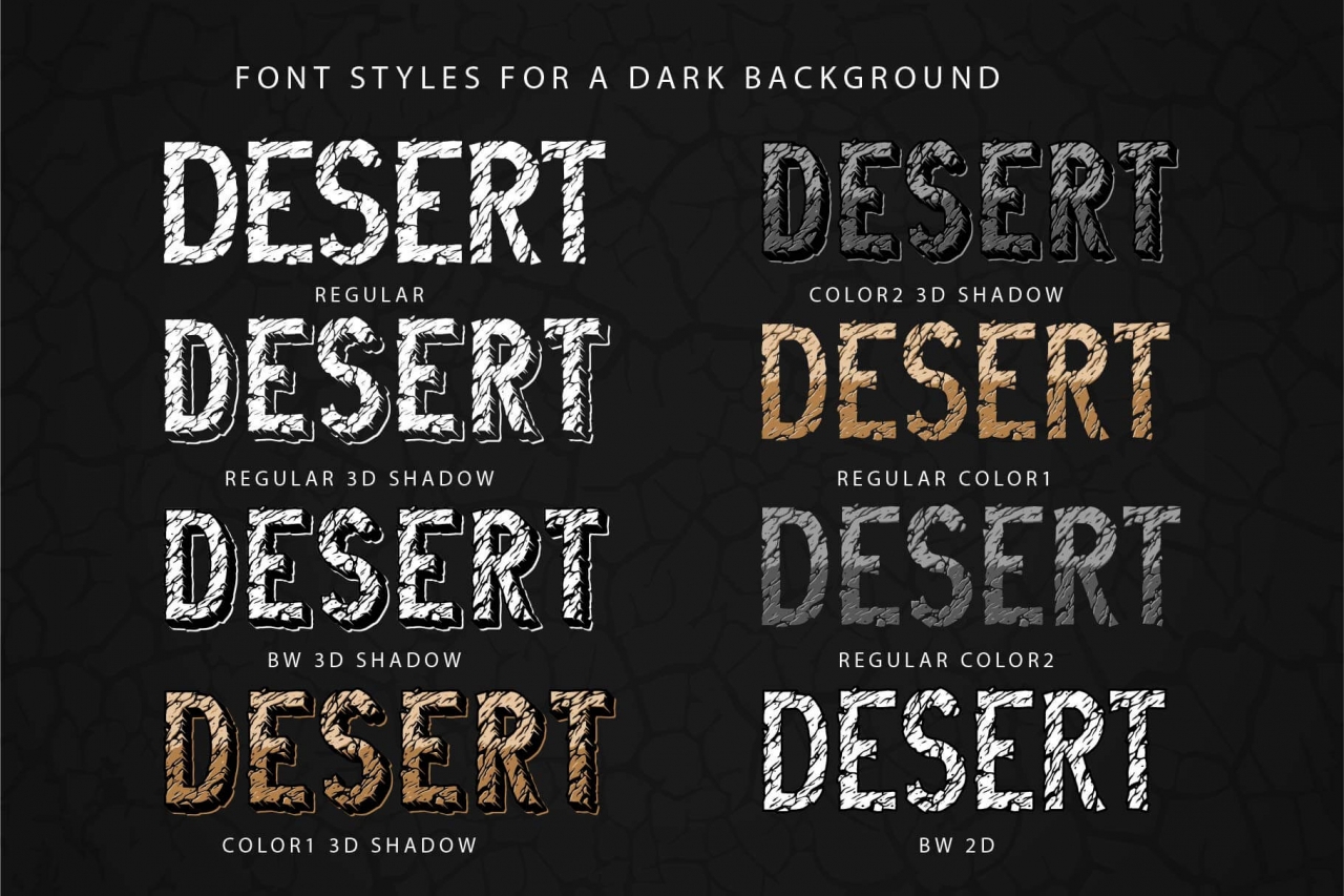 Examples of Desert Rock font styles for a dark background with different effects