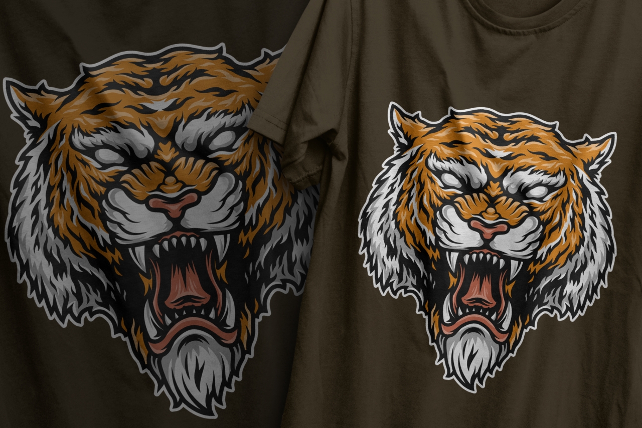 Colorful ferocious tiger head design in vintage style printing on t-shirts