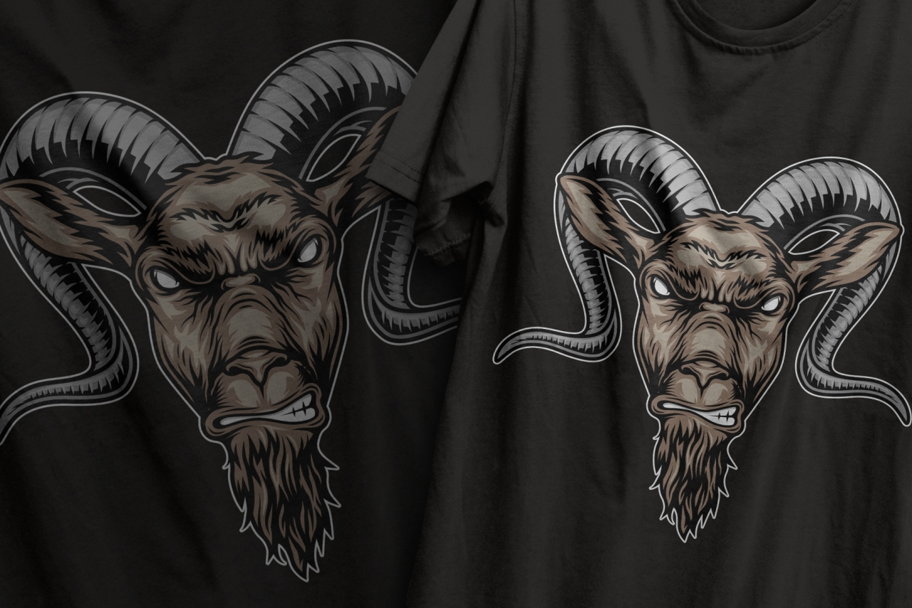 Colorful design of angry aggressive goat head in vintage style printing on t-shirts