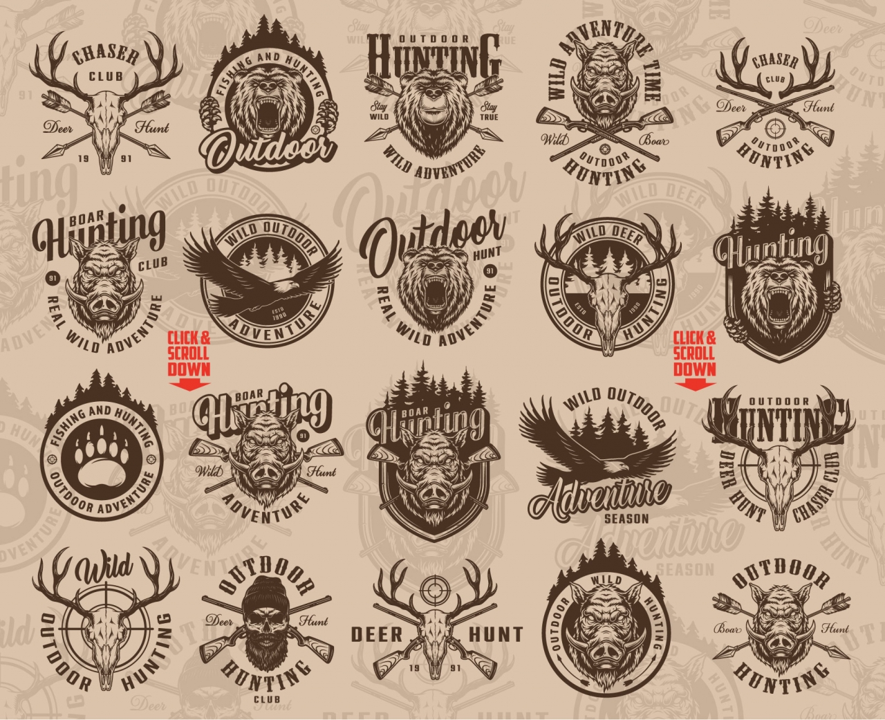 Old school style hunting badges collection with fishing and hunting monochrome style emblems, labels and prints on light background