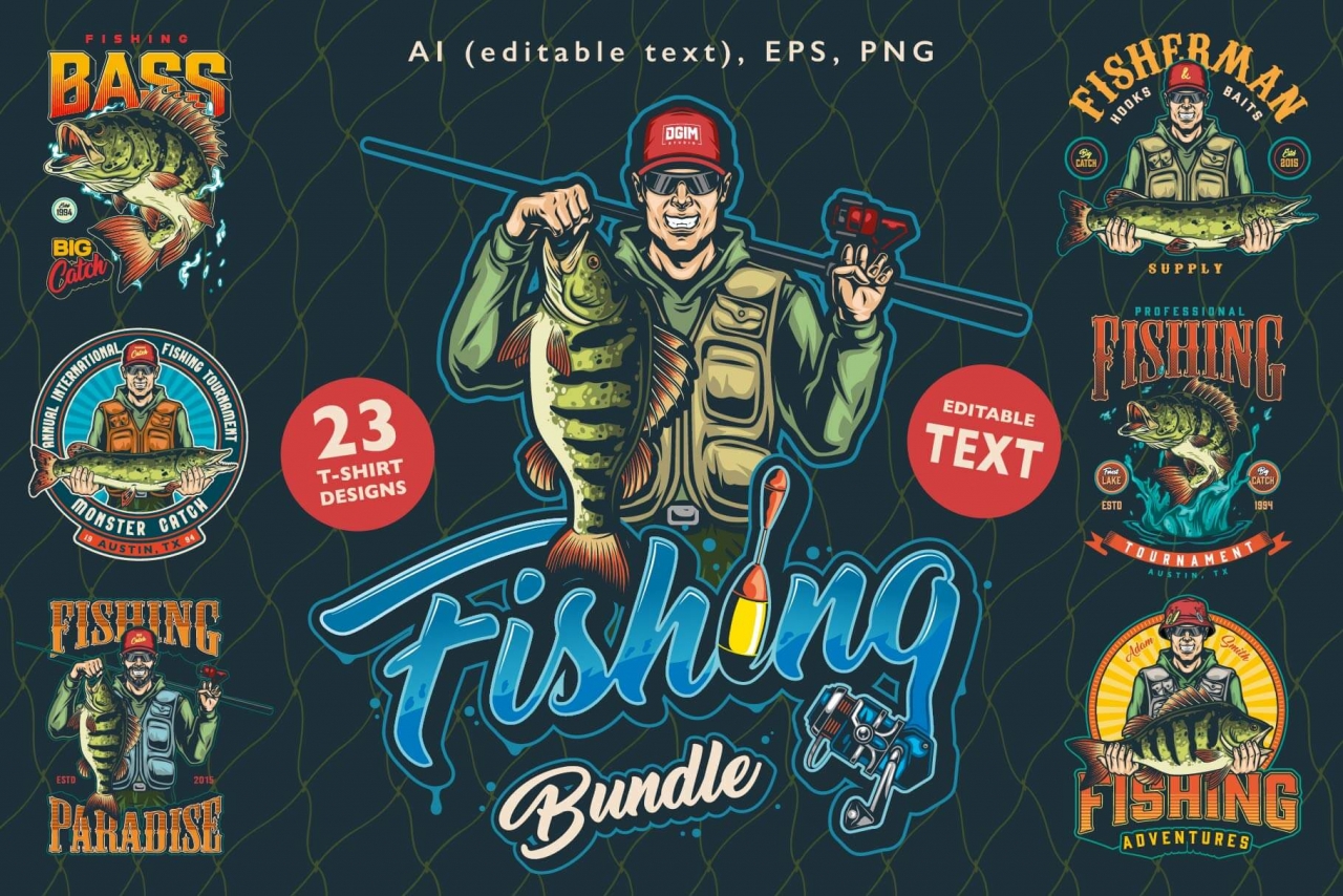 23 Fishing t-shirt designs cover with different fishing illustrations.