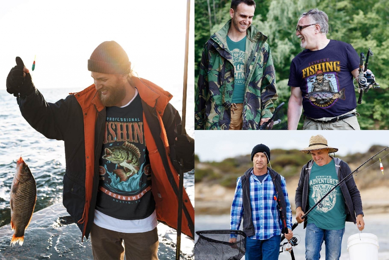 3 fishing t-shirt designs mockups with fishermen outdoor
