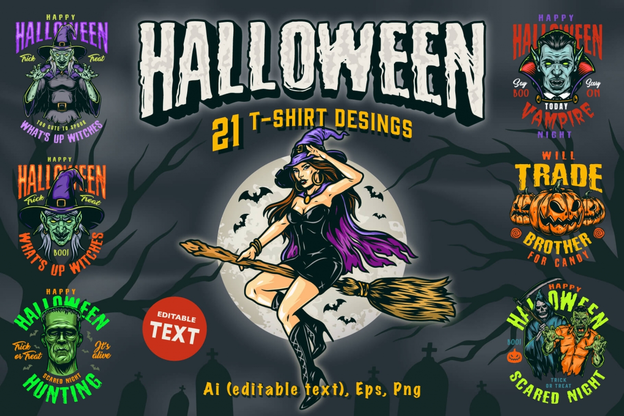 21 Halloween t-shirt designs cover with different Halloween illustrations.
