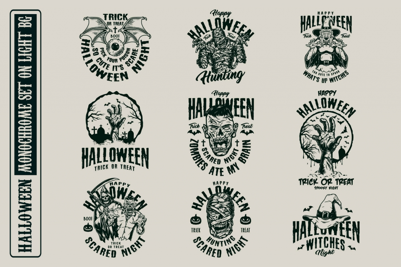 9 Halloween monochrome designs on light background with different vector illustrations and text