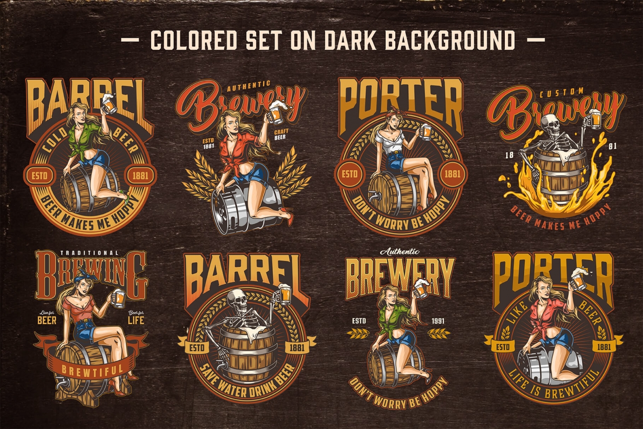 8 beer colored designs on dark background with different vector illustrations and text