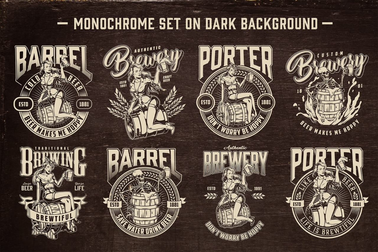 8 beer black and white designs on dark background with different vector illustrations and text