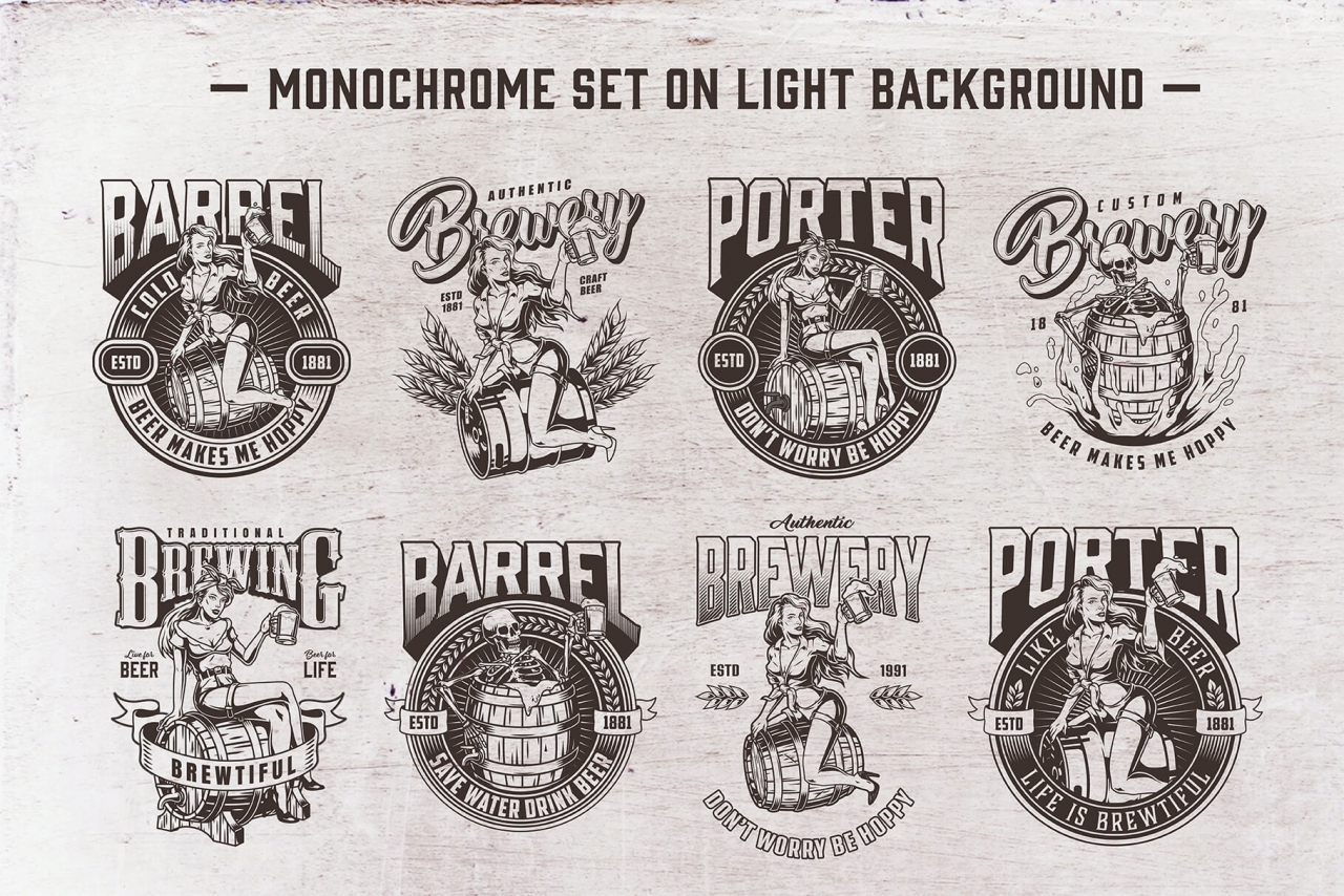 8 beer black and white designs on light background with different vector illustrations and text