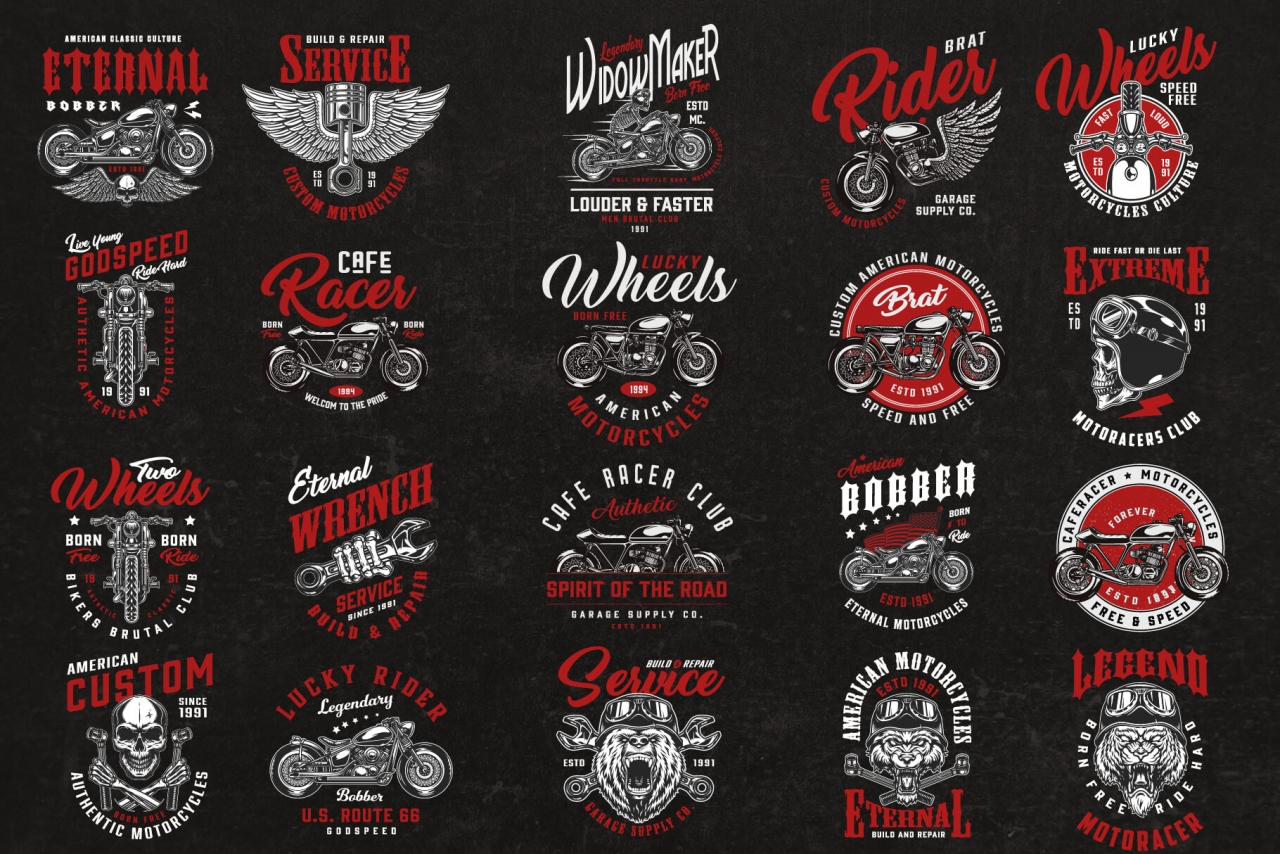 20 motorcycle colored designs on dark background with different vector illustrations and text