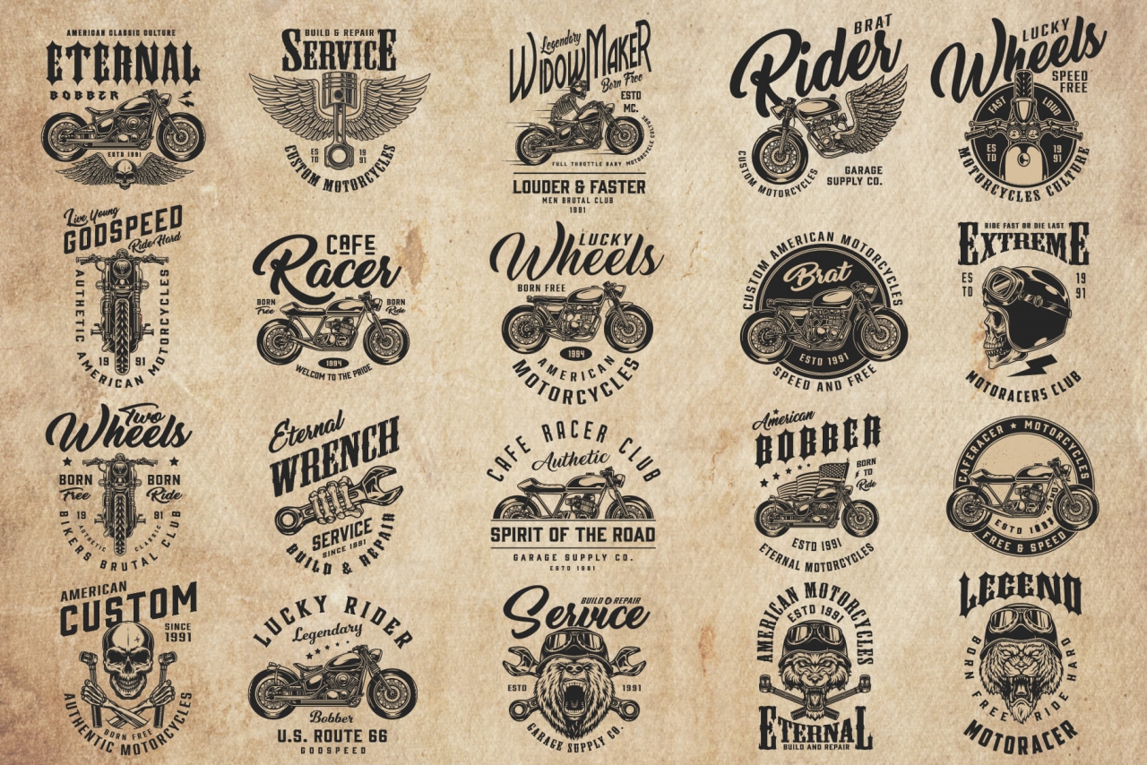 20 motorcycle black and white designs on light background with different vector illustrations and text