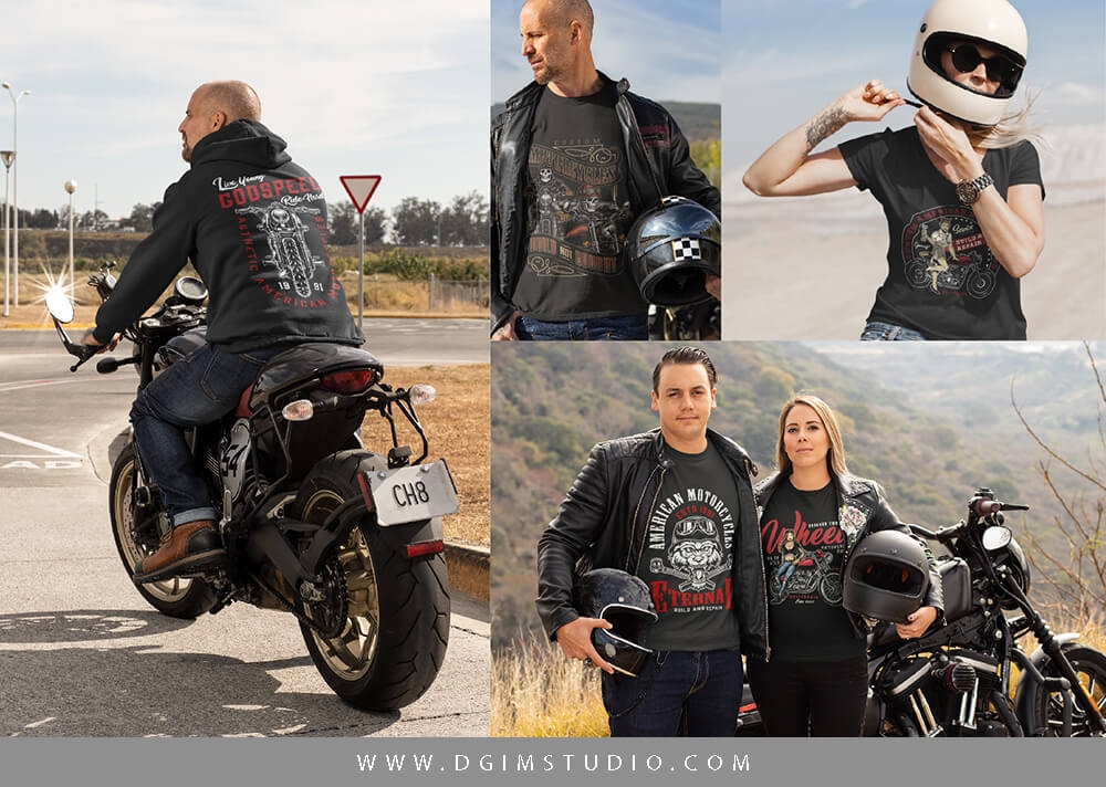 Different motorcycle t-shirt designs on apparel mockups