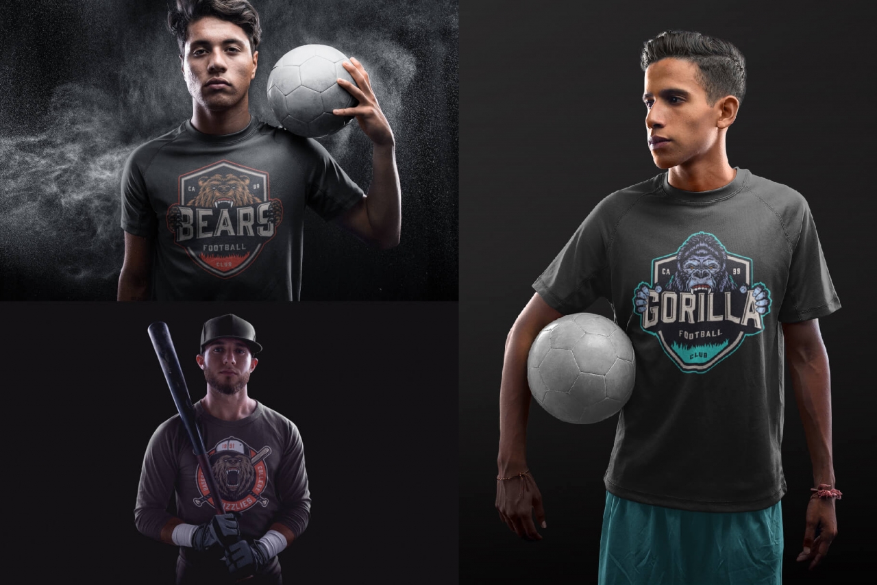 Different sport logos on apparel mockups