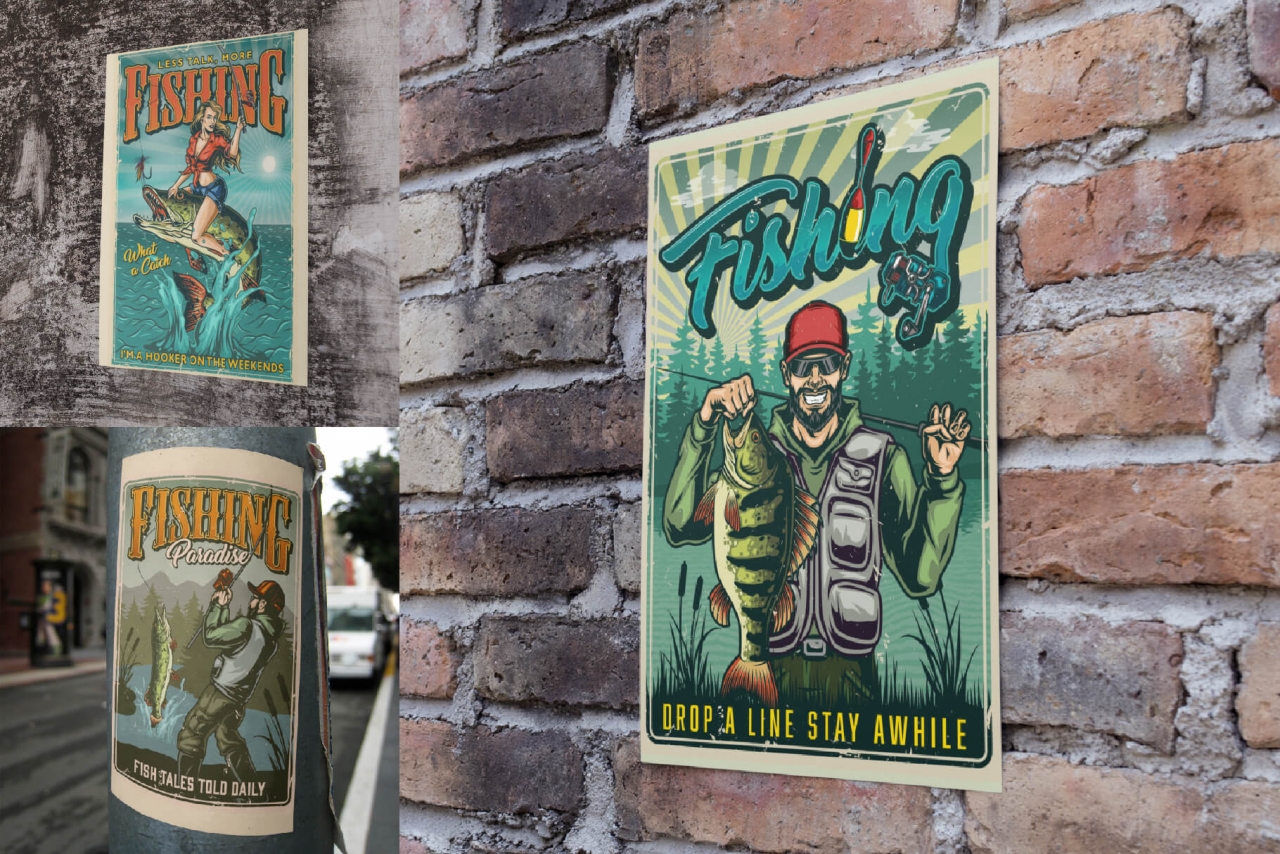 Fishing posters on poster mockups