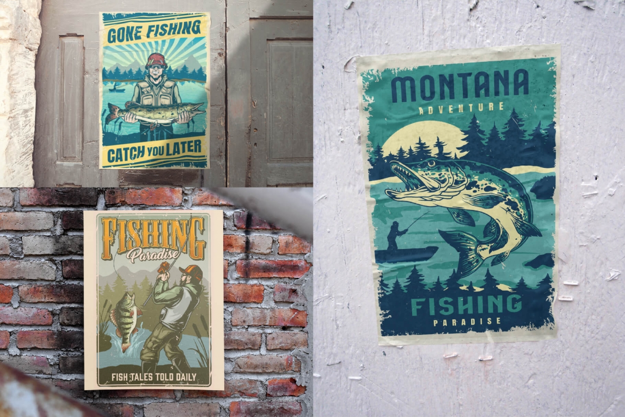 Fishing posters on poster mockups